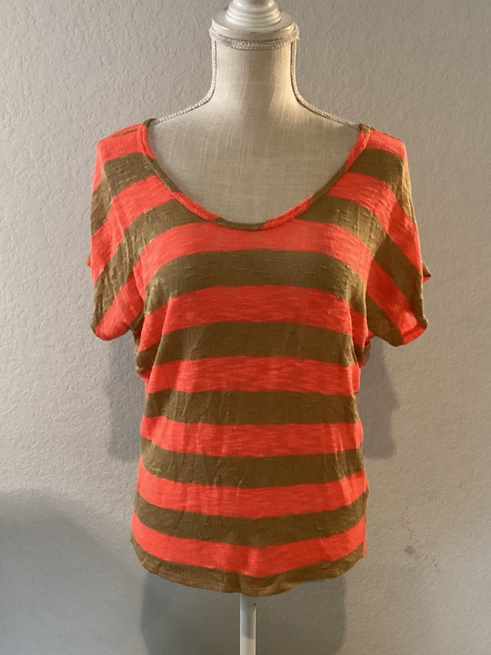 edge Coral and Olive Striped Scoop Neck Tee